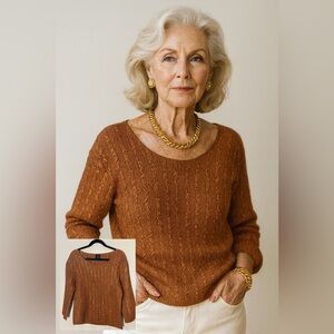 MAGIC CRUSH Rust Burnt Orange Color Scoop Neck, 3/4 Sleeve Blouse, One Size